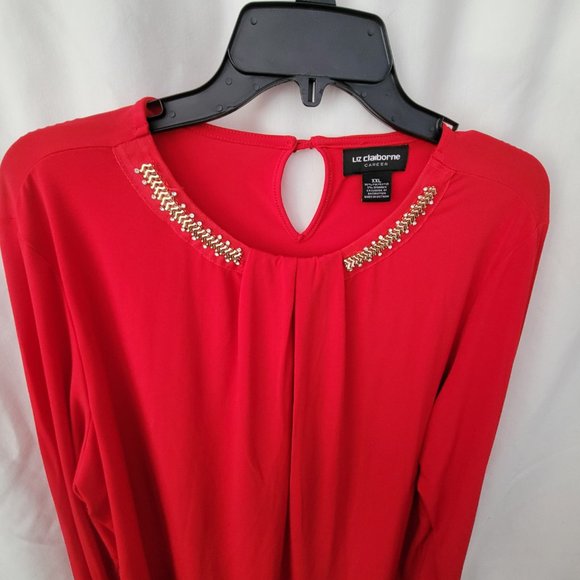 Liz Claiborne Career Red Blouse embellished long sleeves keyhole dressy XXL GUC - Picture 7 of 13